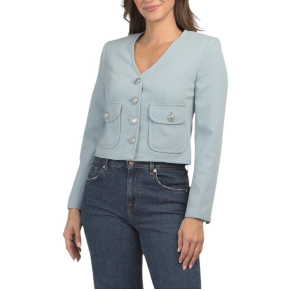 ELIE TAHARI Button Down V-neck Cropped Long Sleeve Jacket With Flap Patch Pocket